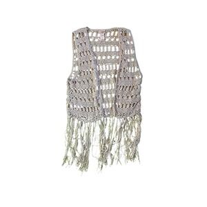 BKE Daytrip‎ Crochet Fringe Vest Cream Open Knit Boho Sleeveless Top M
